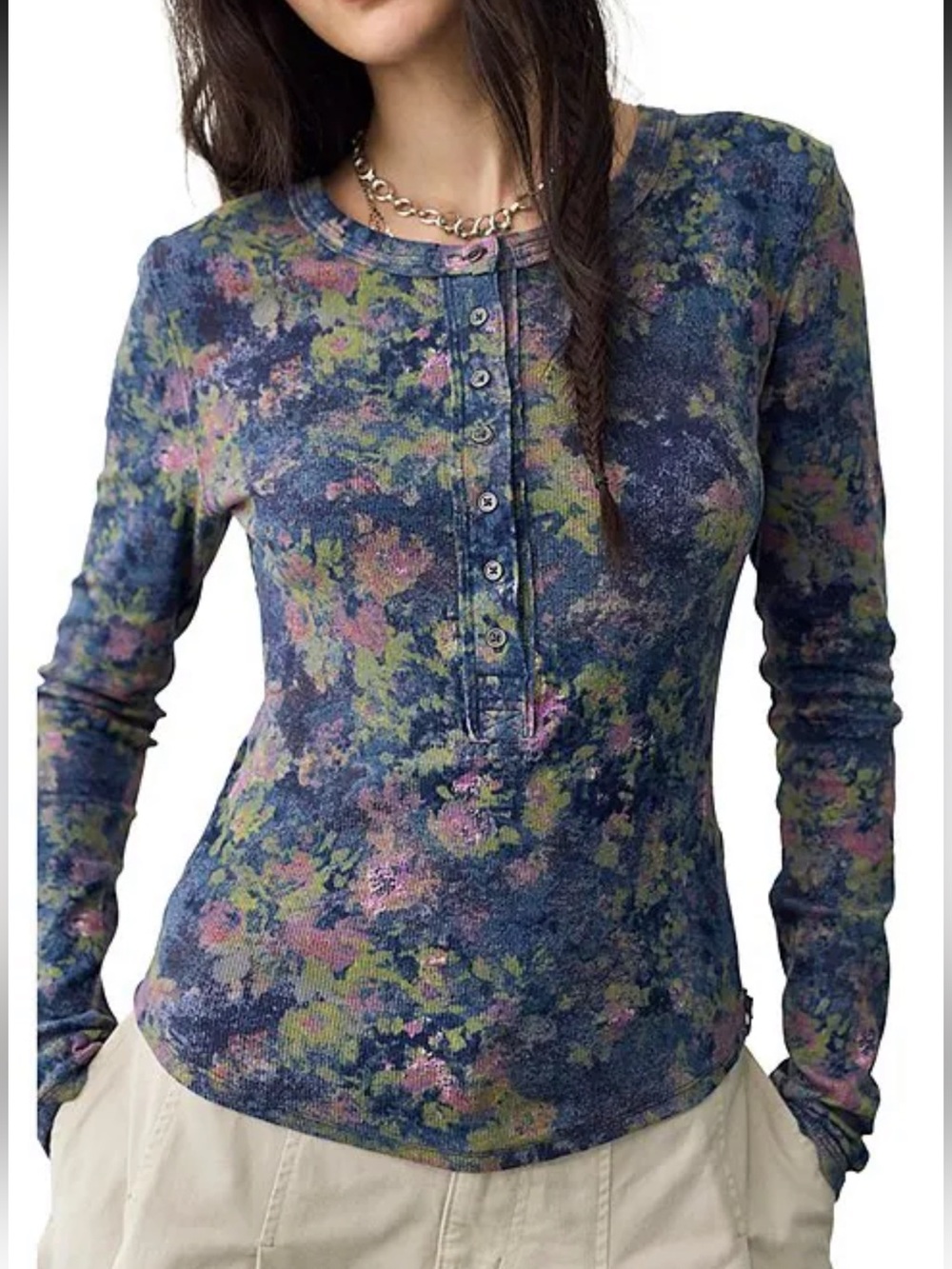 NWT🌷Free People Jamie Floral Print V-neck Long Sleeve Henley Top